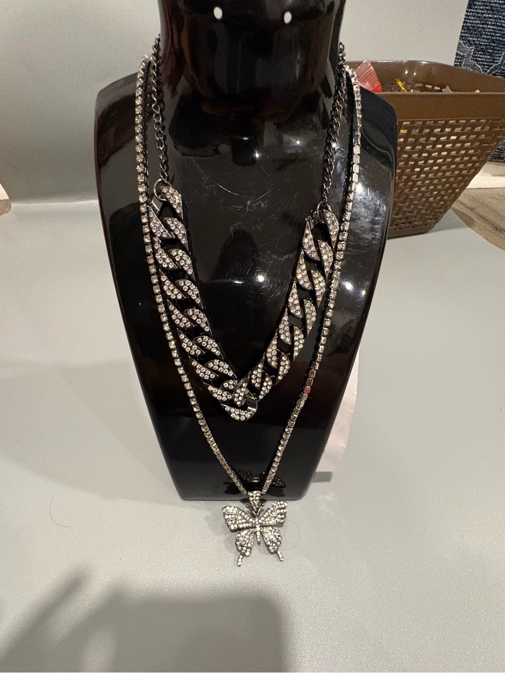 Rhinestone Chain Layered Necklace with Butterfly Pendant - Black/Silver
